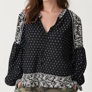 Lucky Brand Women's Peasant Blouse LG Long Sleeve Floral Black White